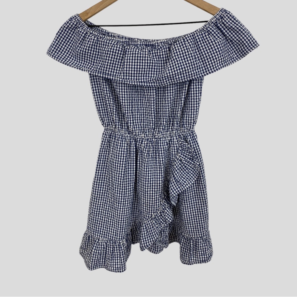 Lovers + Friends Navy White Gingham Check Ruffle Front Off the Shoulder Dress